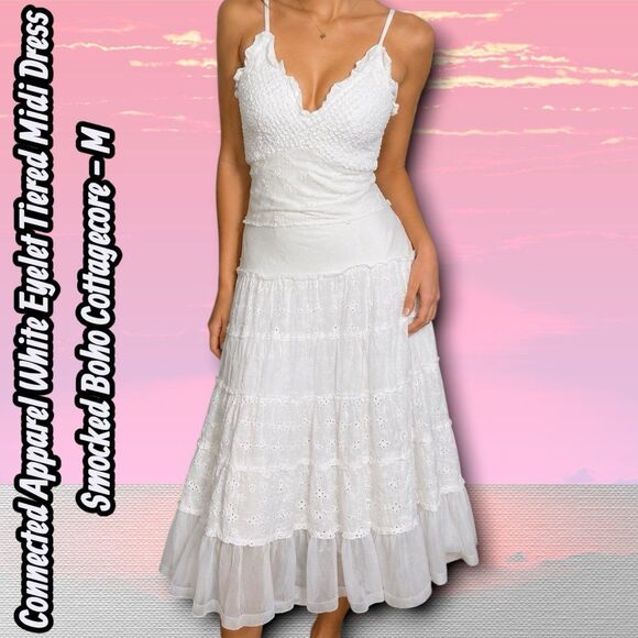 connected apparel Dresses & Skirts - Like New Connected Apparel White Eyelet Tiered Midi Dress Smocked Boho Cottageco